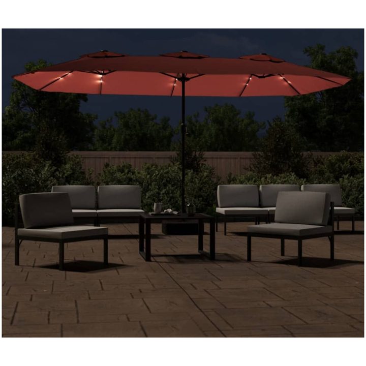 Trädgårdsparasoll dubbelt med LEDs terrakotta 449x245 cm vidaXL – bild 3