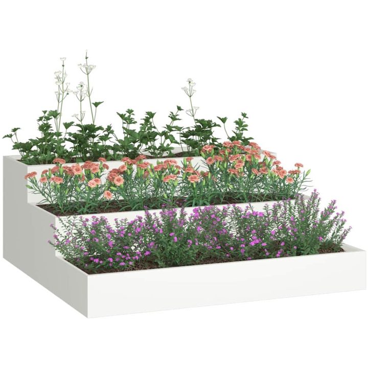 Trädgårdsplanterare 3-nivå Vit Stål vidaXL 90 x 90 x 35 cm – bild 3