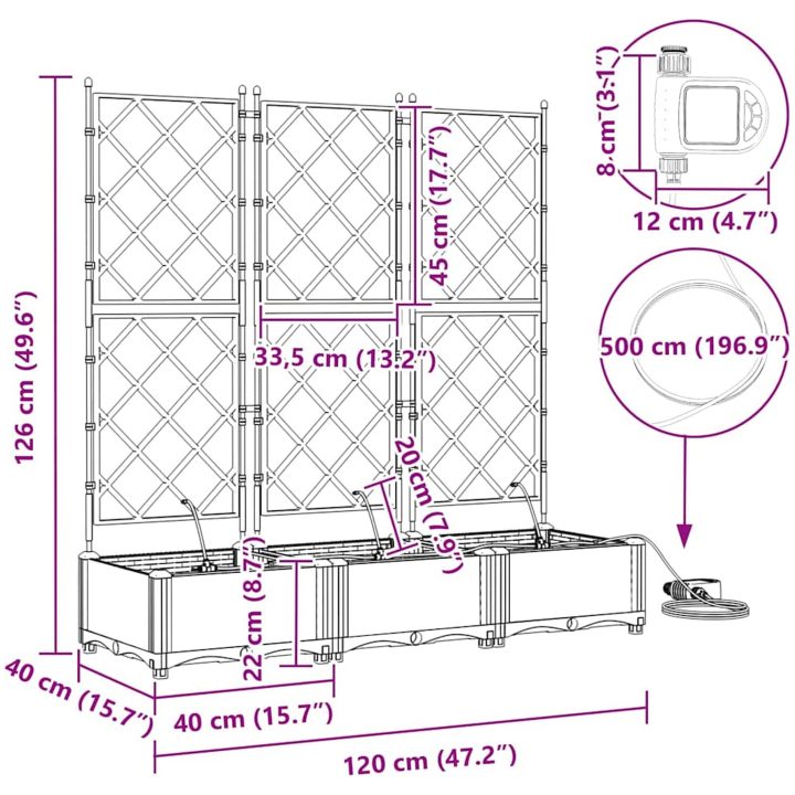 Trädgårdsplanterare med bevattningssystem 3 st Vit vidaXL 120 x 40 x 126 cm – bild 9