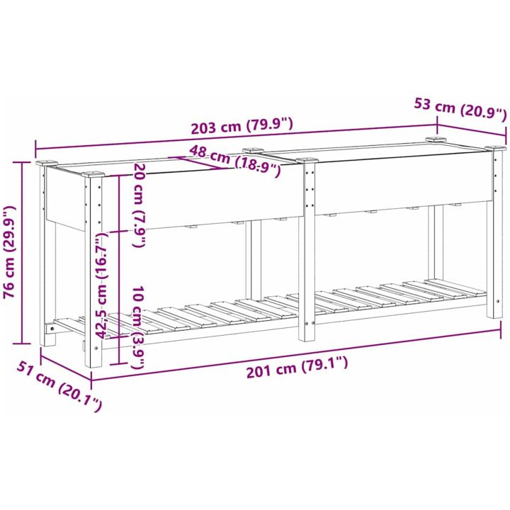 Trädgårdsplanterare med hylla 203x53x76 cm i massivt trä vidaXL Large – bild 11