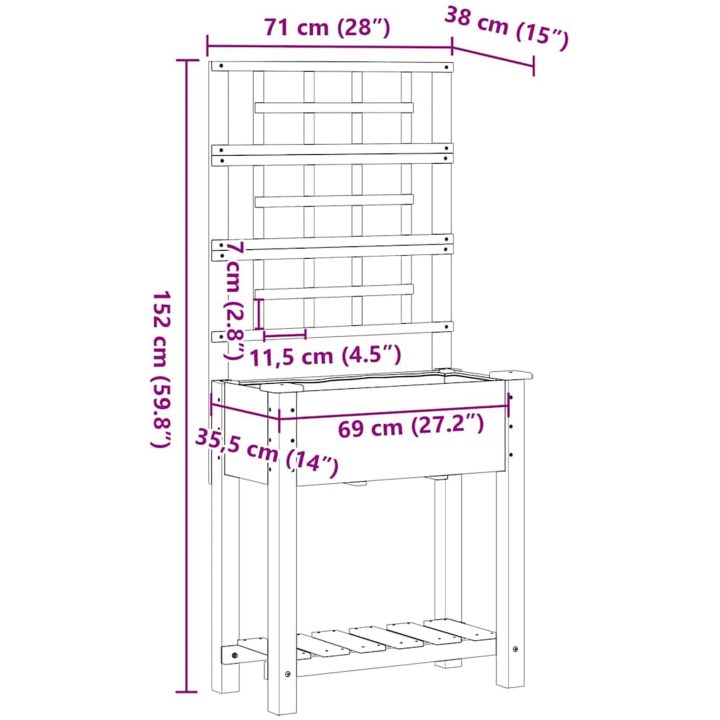 Trädgårdsplanterare med spaljé och hylla 71x37x152 cm Massivt Furu vidaXL 71 x 38 x 152 cm – bild 10