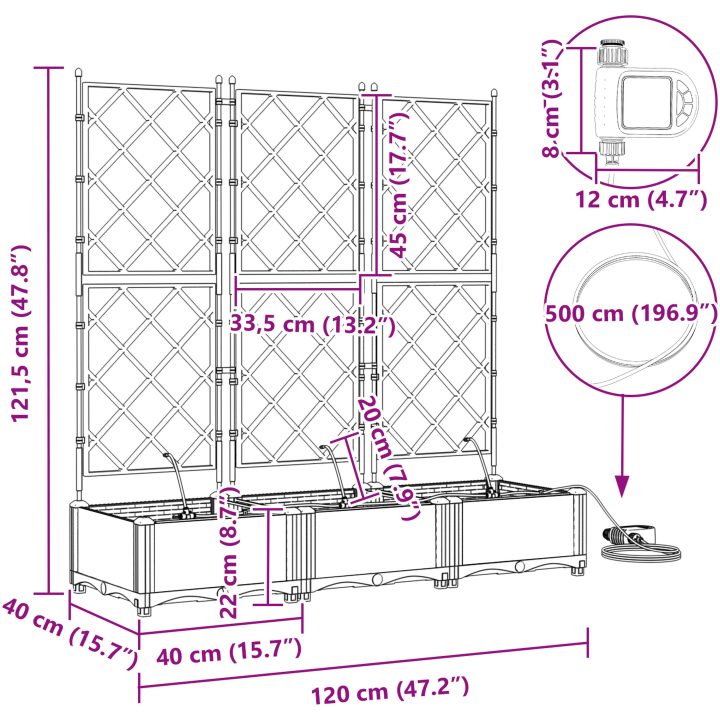 Trädgårdsplanterare med Vattenirrigationssystem 3 st Grå vidaXL 120 x 40 x 126 cm – bild 9