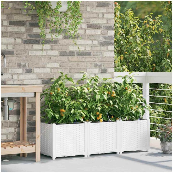 Trädgårdsplanterare med Vattenirrigationssystem 3 st Vit vidaXL 120 x 40 x 37,5 cm – bild 3