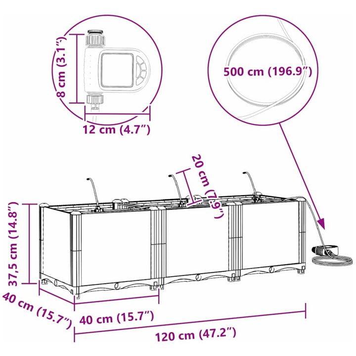 Trädgårdsplanterare med Vattensystem 3 st Ljusgrå vidaXL 120 x 40 x 37,5 cm – bild 10