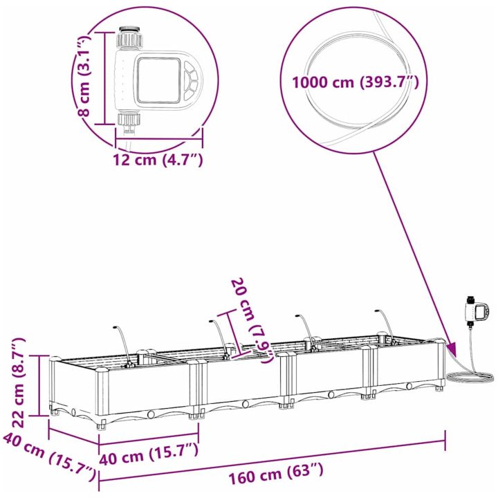 Trädgårdsplanterare med vattensystem 4 st Brun vidaXL 160 x 40 x 22 cm – bild 10