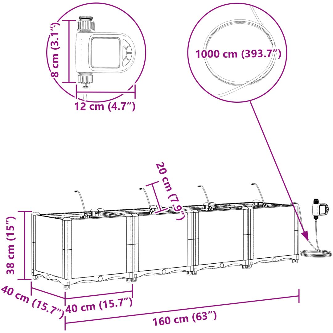 Trädgårdsplanterare med Vattensystem 4 st Grå vidaXL 160 x 40 x 37.5 cm – bild 9