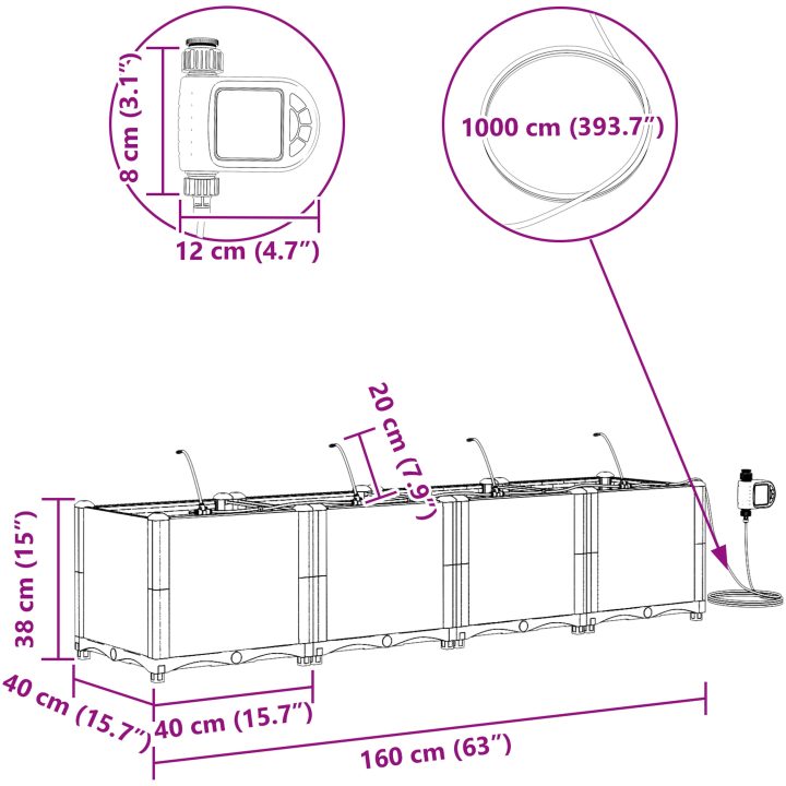 Trädgårdsplanterare med Vattensystem 4 st Grå vidaXL 160 x 40 x 37.5 cm – bild 9