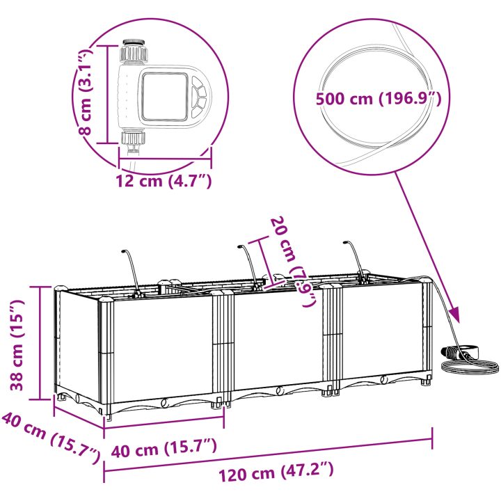 Trädgårdsplanterare med Vattningssystem 3 st Grå vidaXL 120 x 40 x 37.5 cm – bild 9