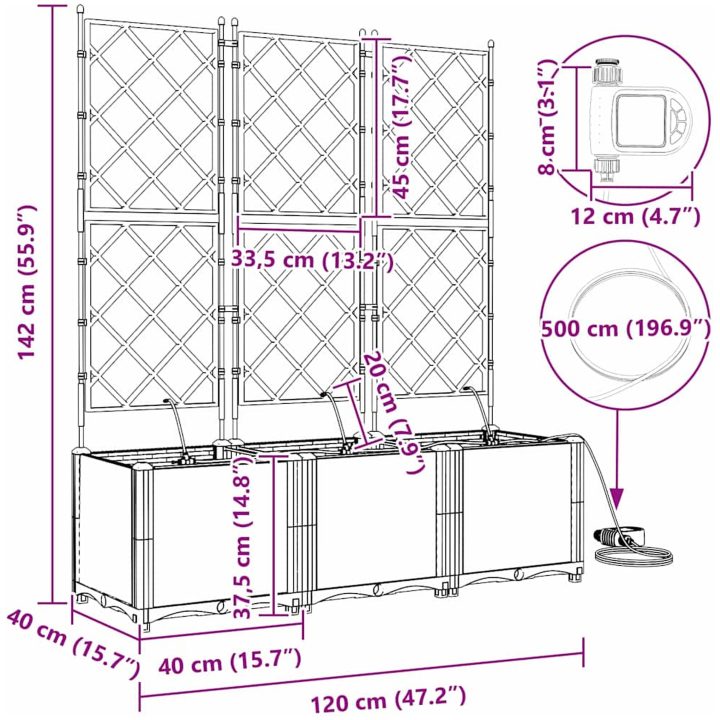 Trädgårdsplanterare med Vattningssystem 3 st Ljusgrå vidaXL 120 x 40 x 142 cm – bild 10