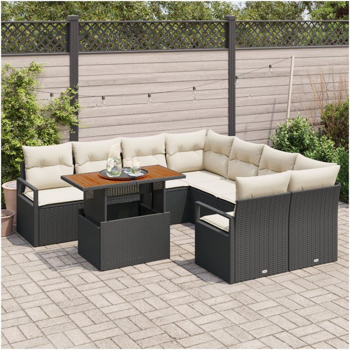 Trädgårdssått 9 pcs Svart och kräm Rattan och Aluminium vidaXL Stor – bild 3