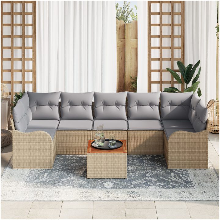 Trädgårdssoff-set 8 pcs Beige, ljusgrå Rattan, trä vidaXL Stor – bild 3