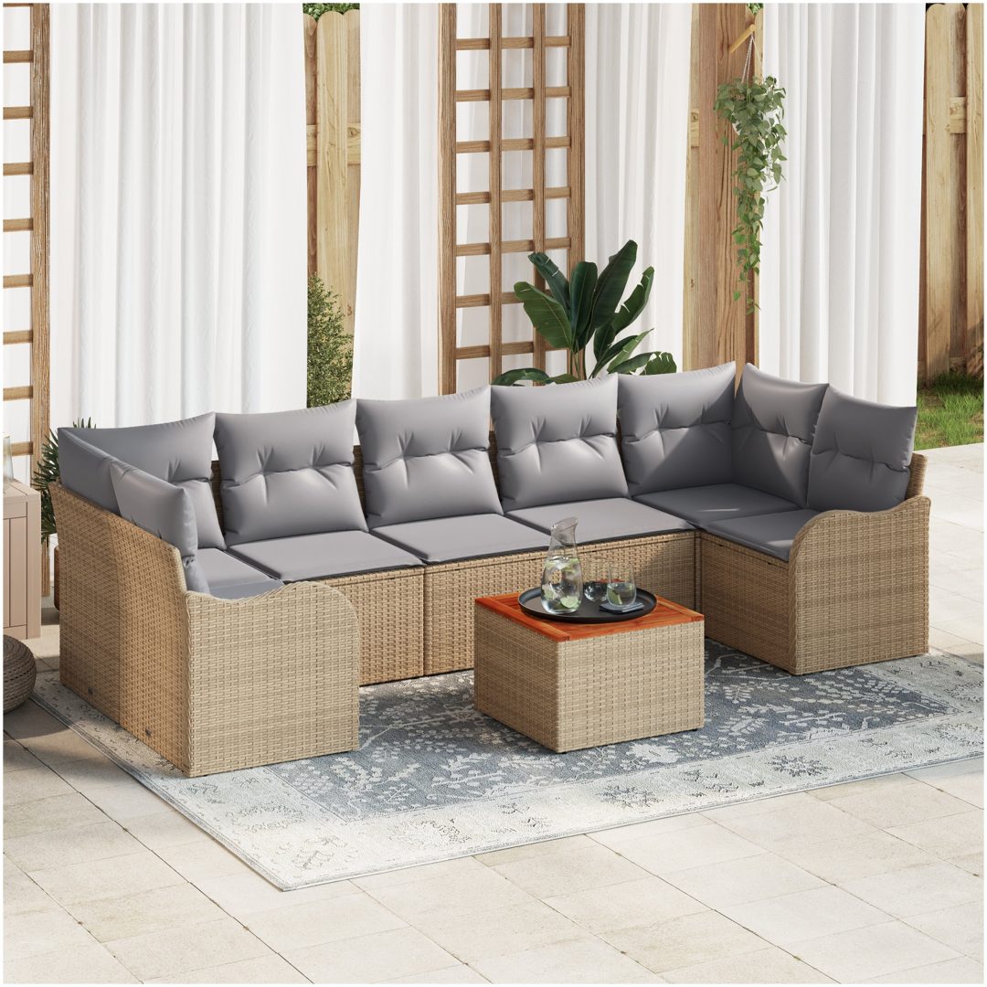 Trädgårdssoff-set 8 pcs Beige, ljusgrå Rattan, trä vidaXL Stor
