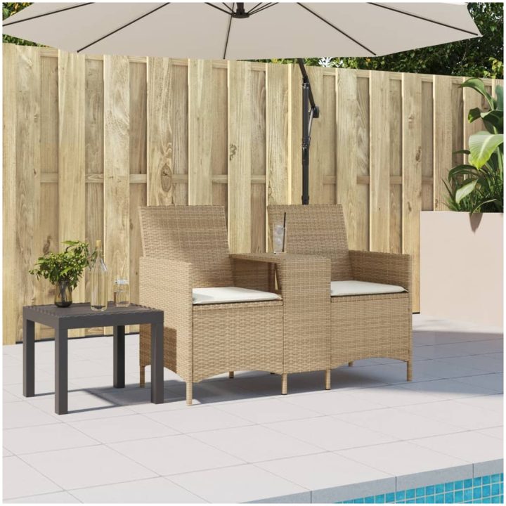 Trädgårdssoffa 2-sits med bord och dynor konstrotting beige vidaXL – bild 3