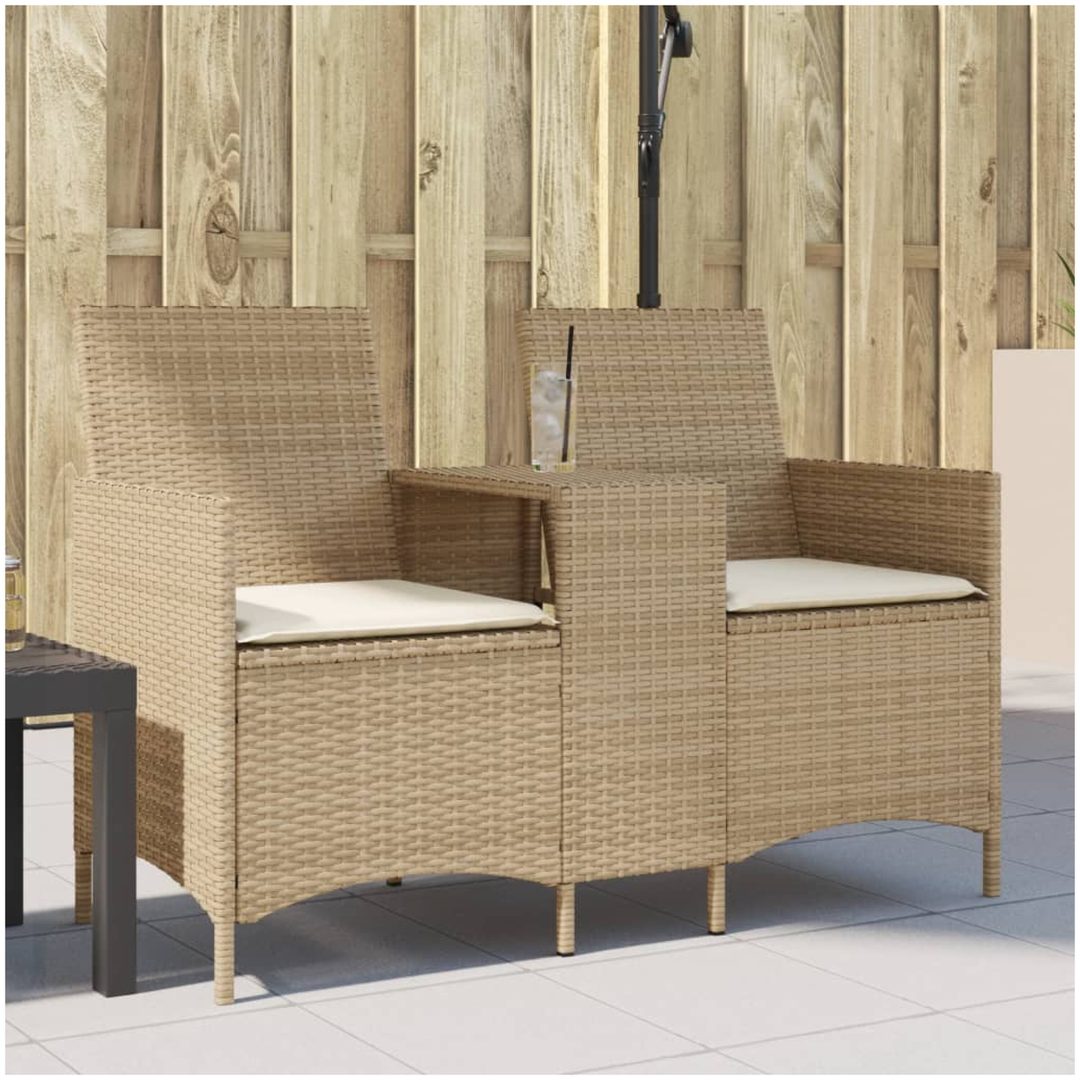 Trädgårdssoffa 2-sits med bord och dynor konstrotting beige vidaXL