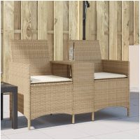 Trädgårdssoffa 2-sits med bord och dynor konstrotting beige vidaXL