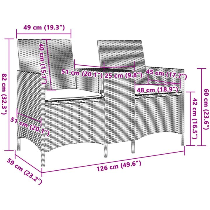 Trädgårdssoffa 2-sits med bord och dynor konstrotting brun vidaXL – bild 8