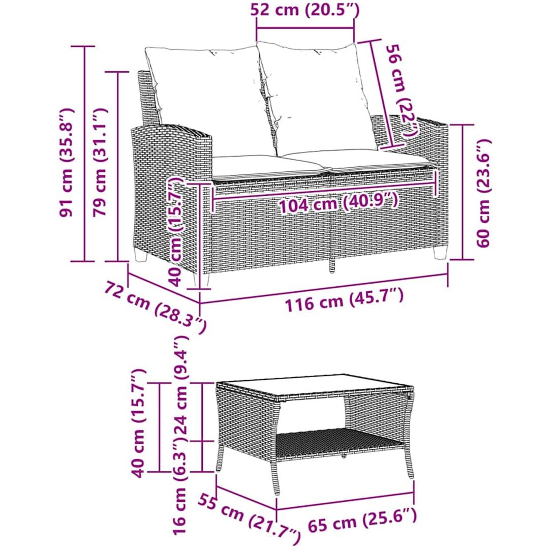 Trädgårdssoffa 2-sits med dynor och bord beige konstrotting vidaXL – bild 11
