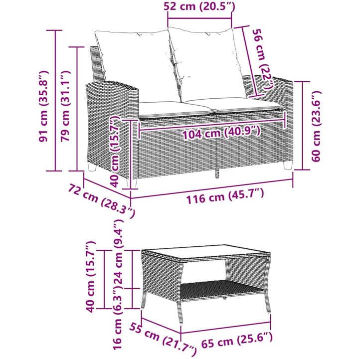 Trädgårdssoffa 2-sits med dynor och bord beige konstrotting vidaXL – bild 11