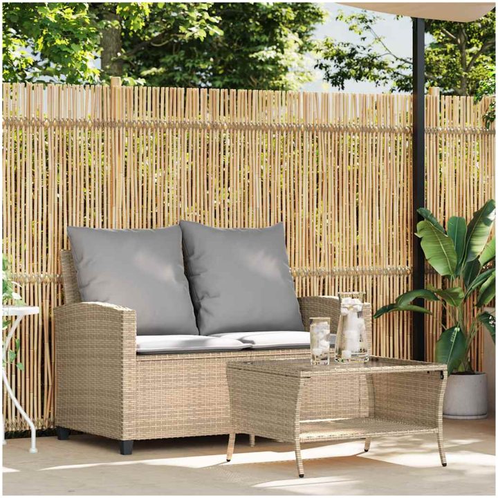 Trädgårdssoffa 2-sits med dynor och bord beige konstrotting vidaXL – bild 3