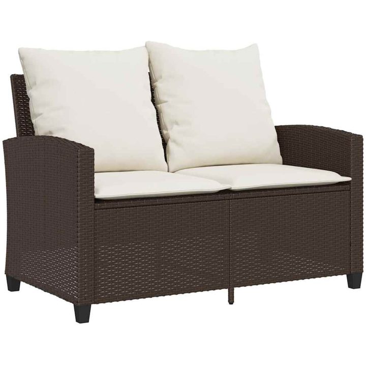 Trädgårdssoffa 2-sits med dynor och bord brun konstrotting vidaXL – bild 6