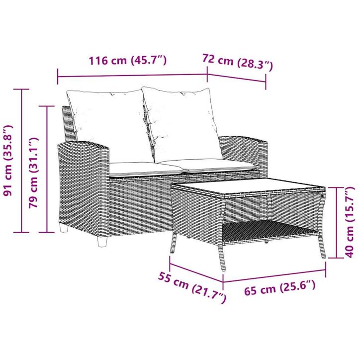 Trädgårdssoffa 2-sits med dynor och bord svart konstrotting vidaXL – bild 12