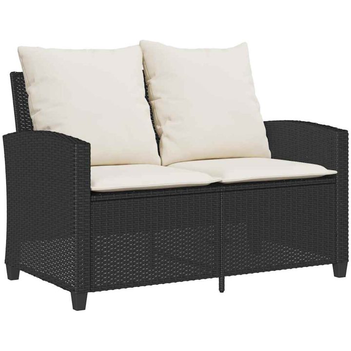 Trädgårdssoffa 2-sits med dynor och bord svart konstrotting vidaXL – bild 6