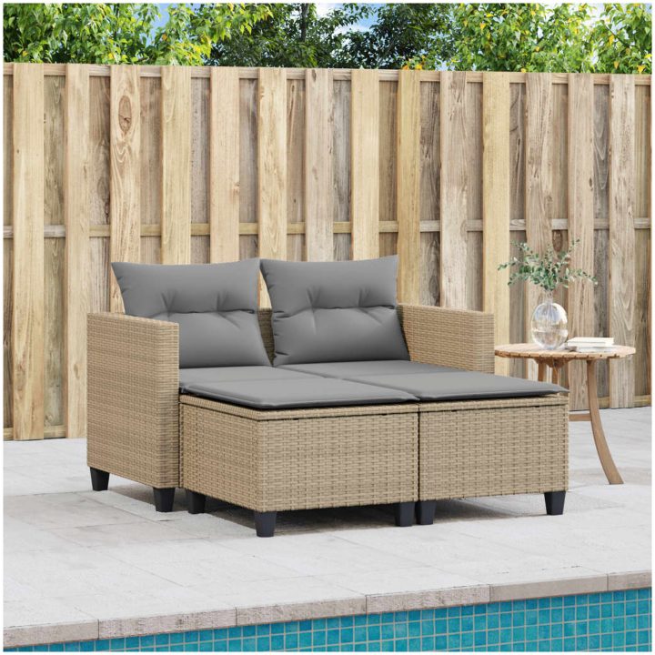 Trädgårdssoffa 2-sits med pallar beige konstrotting vidaXL – bild 3