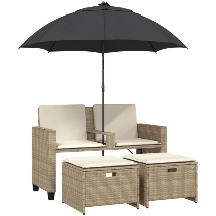Trädgårdssoffa 2-sits med parasoll&pallar beige konstrotting vidaXL – bild 2