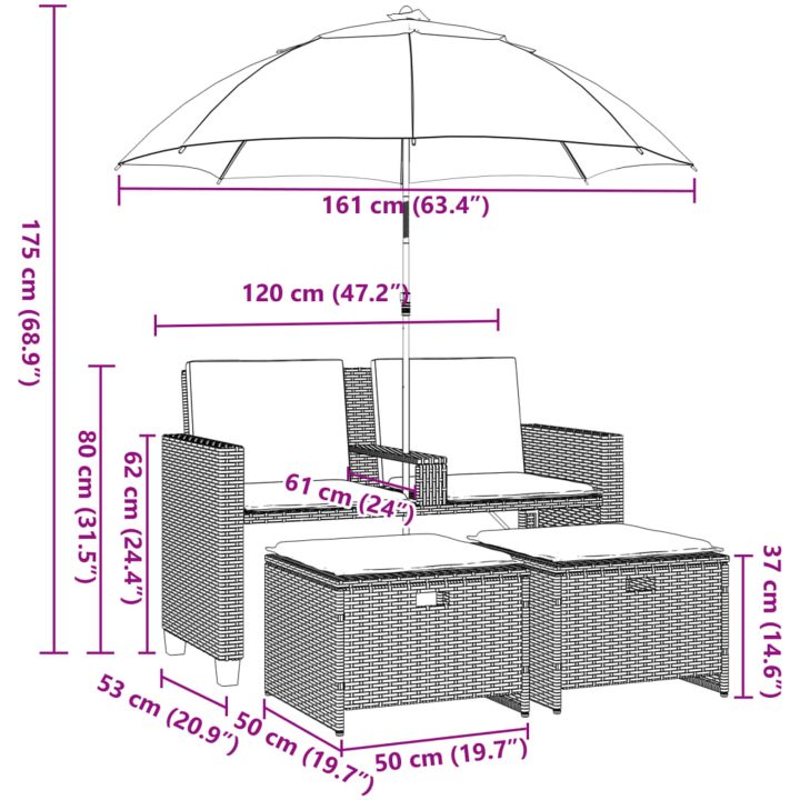Trädgårdssoffa 2-sits med parasoll&pallar beige konstrotting vidaXL – bild 12