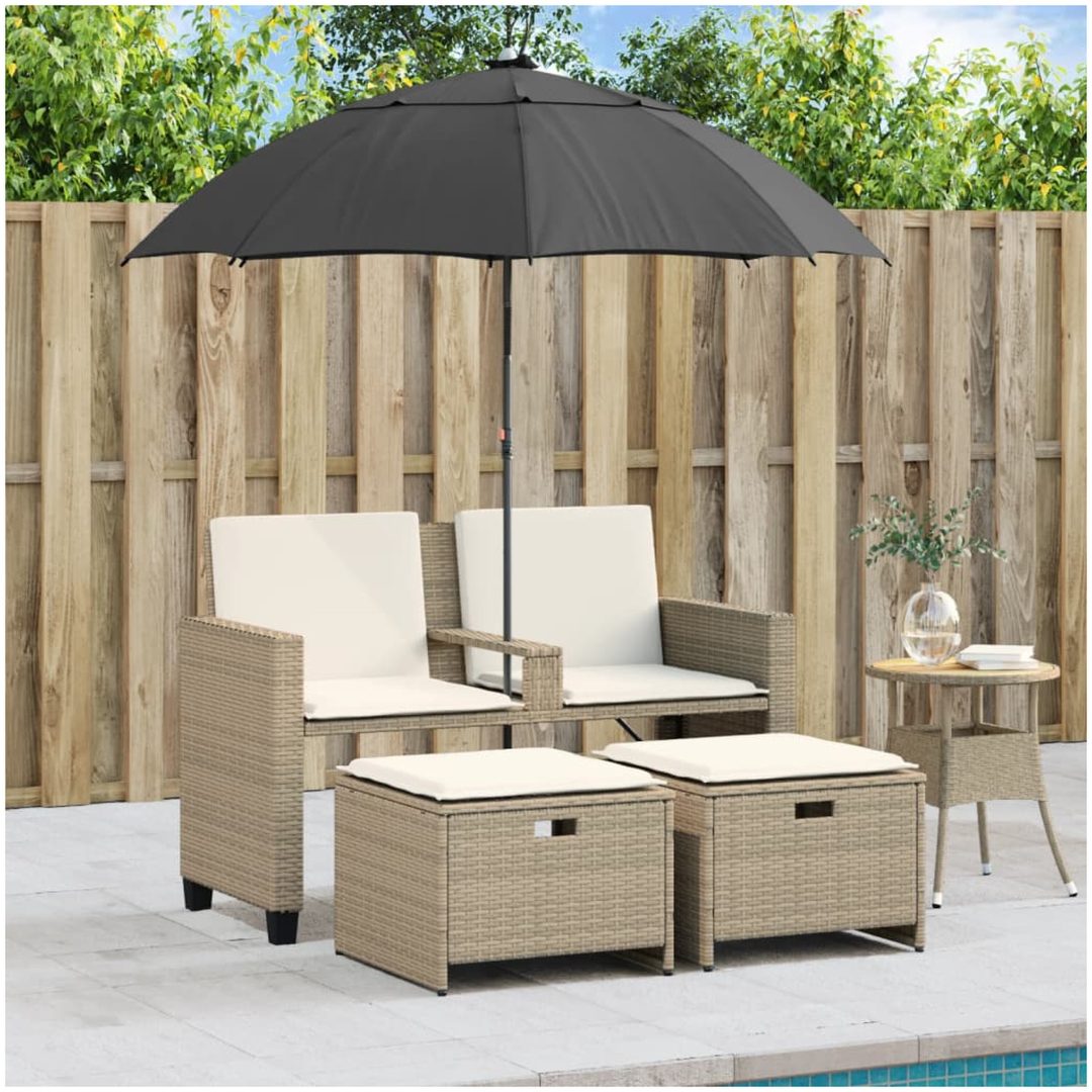 Trädgårdssoffa 2-sits med parasoll&pallar beige konstrotting vidaXL – bild 3