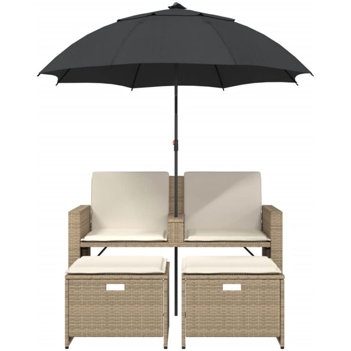 Trädgårdssoffa 2-sits med parasoll&pallar beige konstrotting vidaXL – bild 4