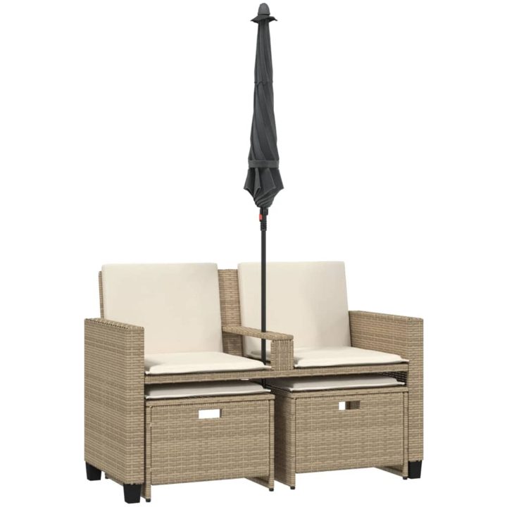 Trädgårdssoffa 2-sits med parasoll&pallar beige konstrotting vidaXL – bild 7