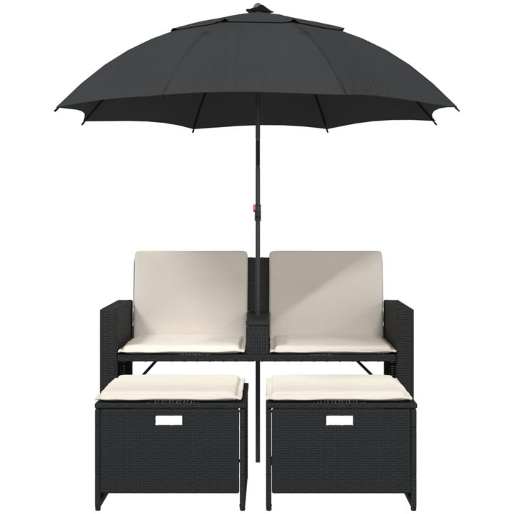 Trädgårdssoffa 2-sits med parasoll&pallar svart konstrotting vidaXL – bild 4