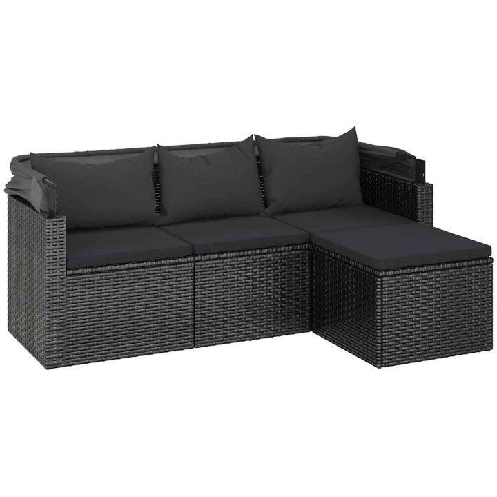 Trädgårdssoffa 3-sits med tak och fotpall svart konstrotting vidaXL – bild 4