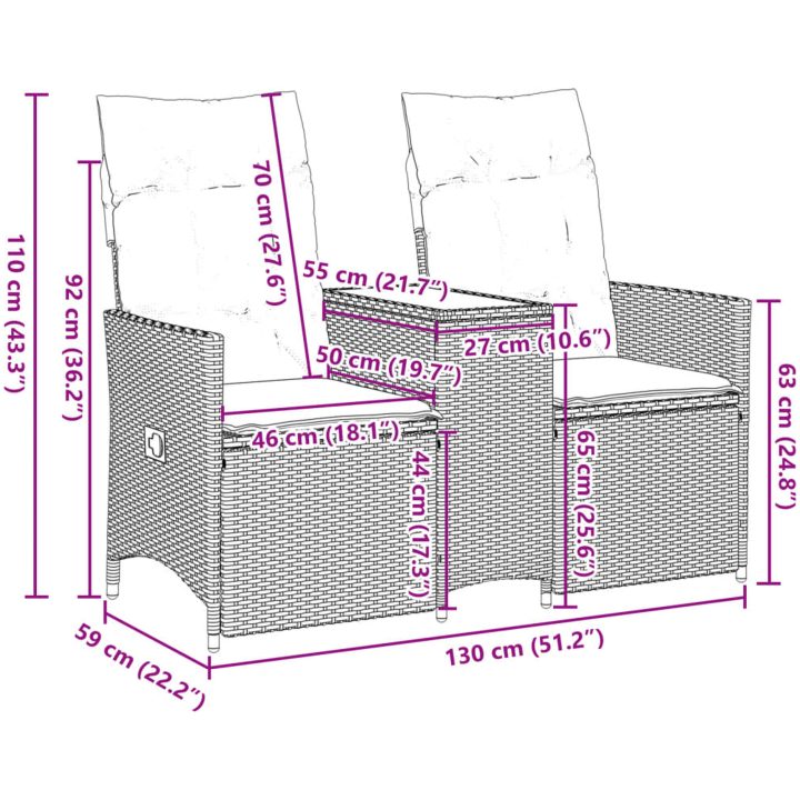 Trädgårdssoffa fällbar 2-sits med bord beige konstrotting vidaXL – bild 11