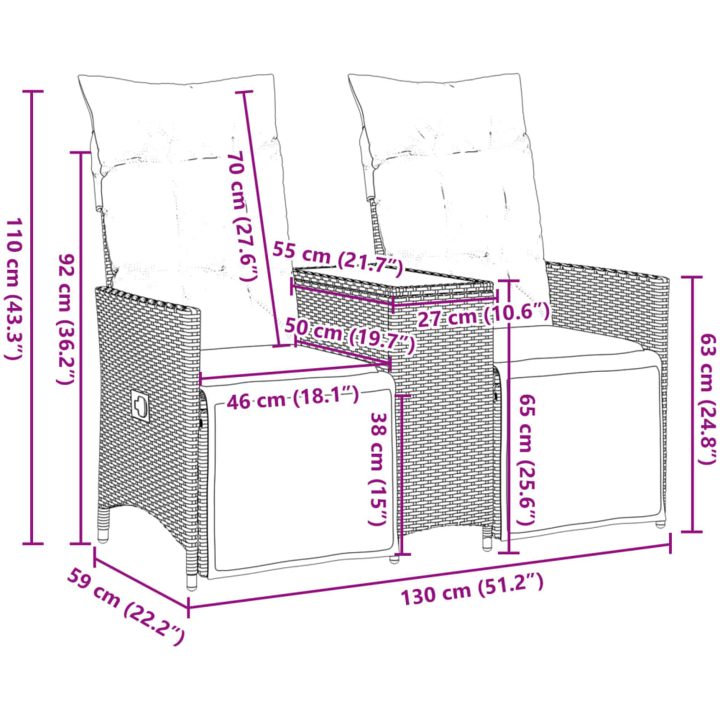 Trädgårdssoffa fällbar 2-sits med bord brun konstrotting vidaXL – bild 11