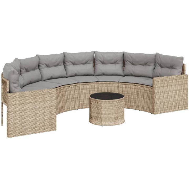 Trädgårdssoffa med bord och dynor halvrund beige konstrotting vidaXL – bild 2
