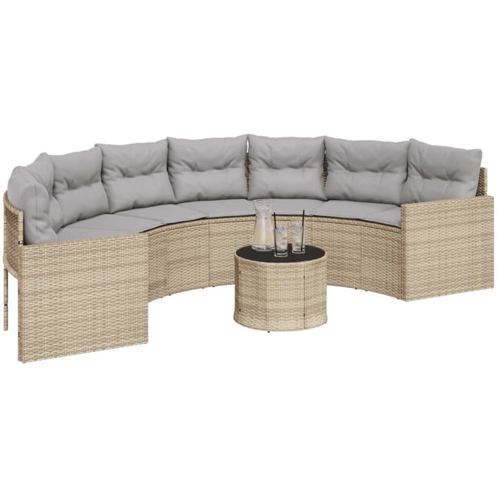 Trädgårdssoffa med bord och dynor halvrund beige konstrotting vidaXL – bild 3
