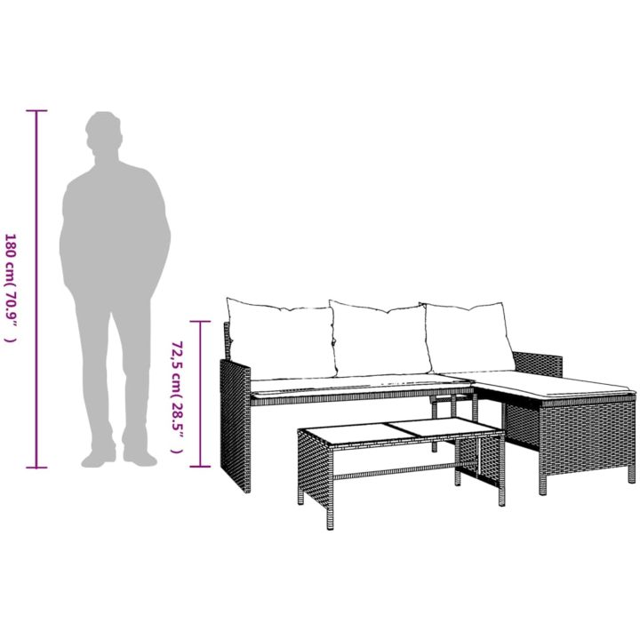 Trädgårdssoffa med bord och dynor L-formad brun konstrotting vidaXL – bild 11