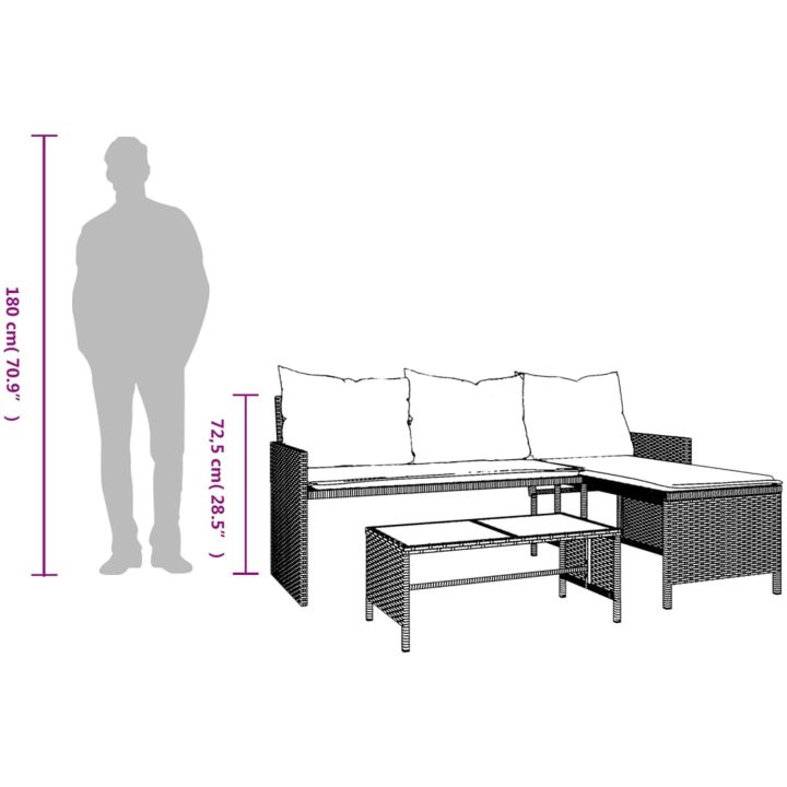 Trädgårdssoffa med bord och dynor L-formad svart konstrotting vidaXL – bild 11
