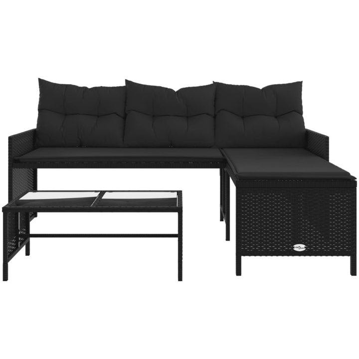 Trädgårdssoffa med bord och dynor L-formad svart konstrotting vidaXL – bild 5