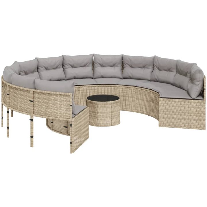 Trädgårdssoffa med bord och dynor rund beige konstrotting vidaXL – bild 2
