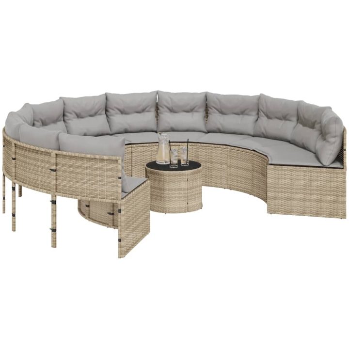 Trädgårdssoffa med bord och dynor rund beige konstrotting vidaXL – bild 3