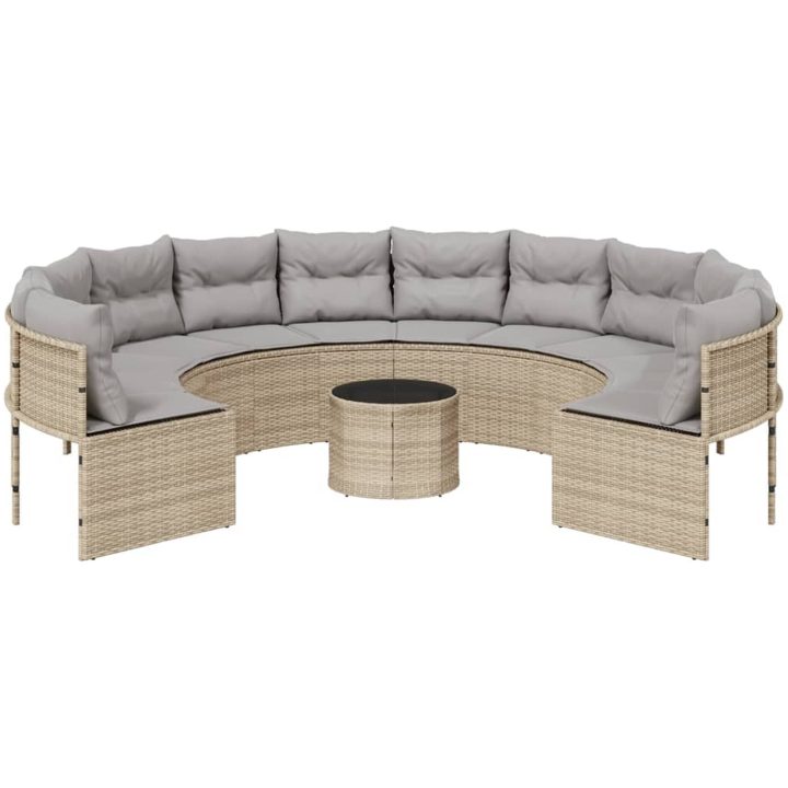 Trädgårdssoffa med bord och dynor rund beige konstrotting vidaXL – bild 4
