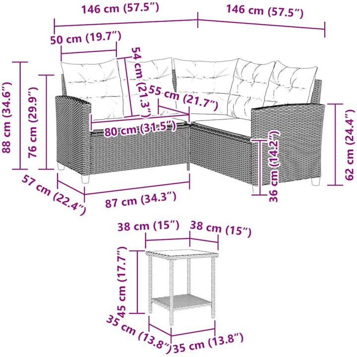 Trädgårdssoffa med bord och kuddar L-formad grå konstrotting vidaXL – bild 11