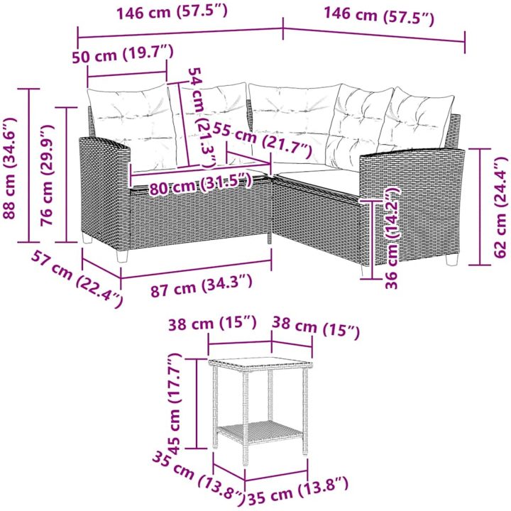 Trädgårdssoffa med bord och kuddar L-formad svart konstrotting vidaXL – bild 11