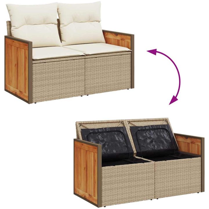 Trädgårdssoffa med dynor 11 delar beige konstrotting akaciaträ vidaXL – bild 9