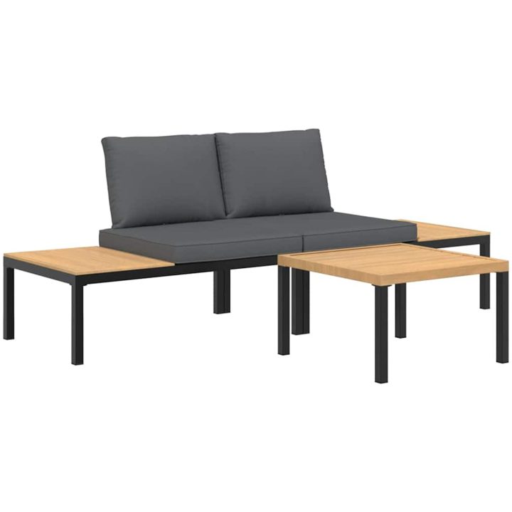 Trädgårdssoffa med dynor 3 delar svart aluminium vidaXL – bild 2