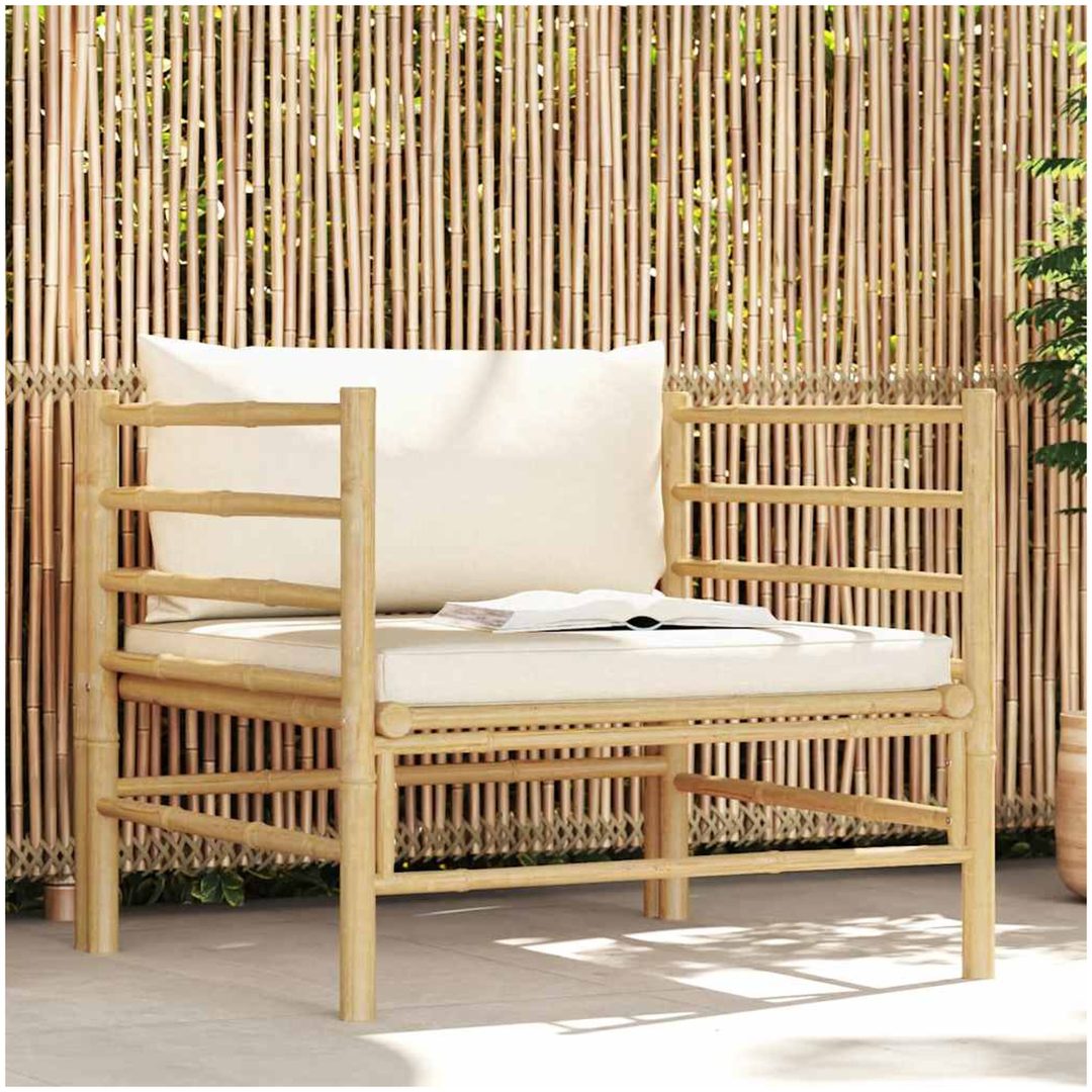 Trädgårdssoffa med gräddvita dynor bambu vidaXL