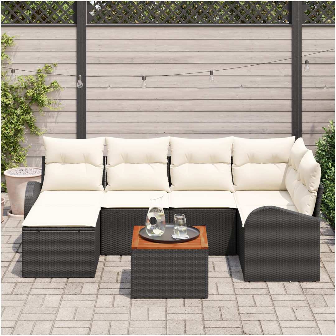 Trädgårdssoffgrupp 7 pcs Svart, vit Polyrattan, trä vidaXL Stort – bild 3